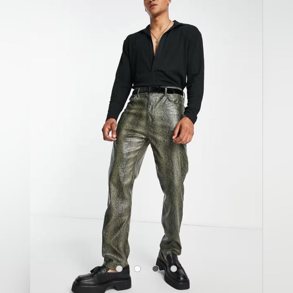 ASOS DESIGN dad jean in khaki snake print leather look Size 34W 34L NWT